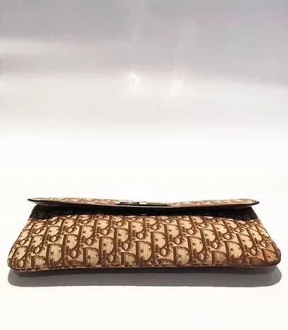 1980s CHRISTIAN DIOR BROWN OBLIQUE CD LOGO ENVELOPE BAG