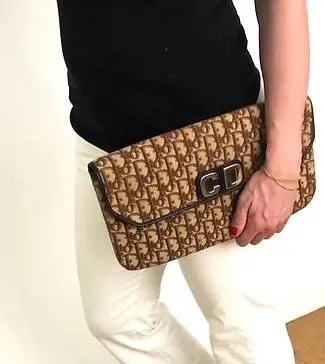 1980s CHRISTIAN DIOR BROWN OBLIQUE CD LOGO ENVELOPE BAG