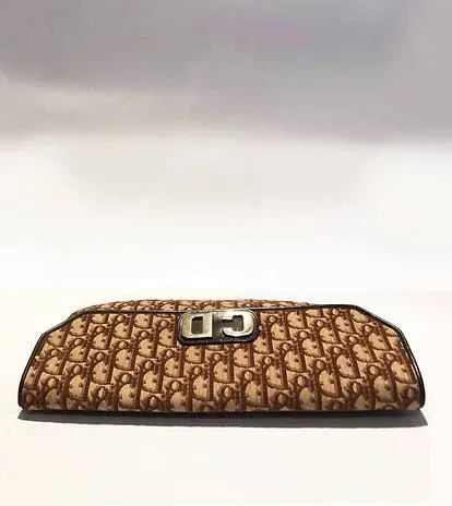 1980s CHRISTIAN DIOR BROWN OBLIQUE CD LOGO ENVELOPE BAG