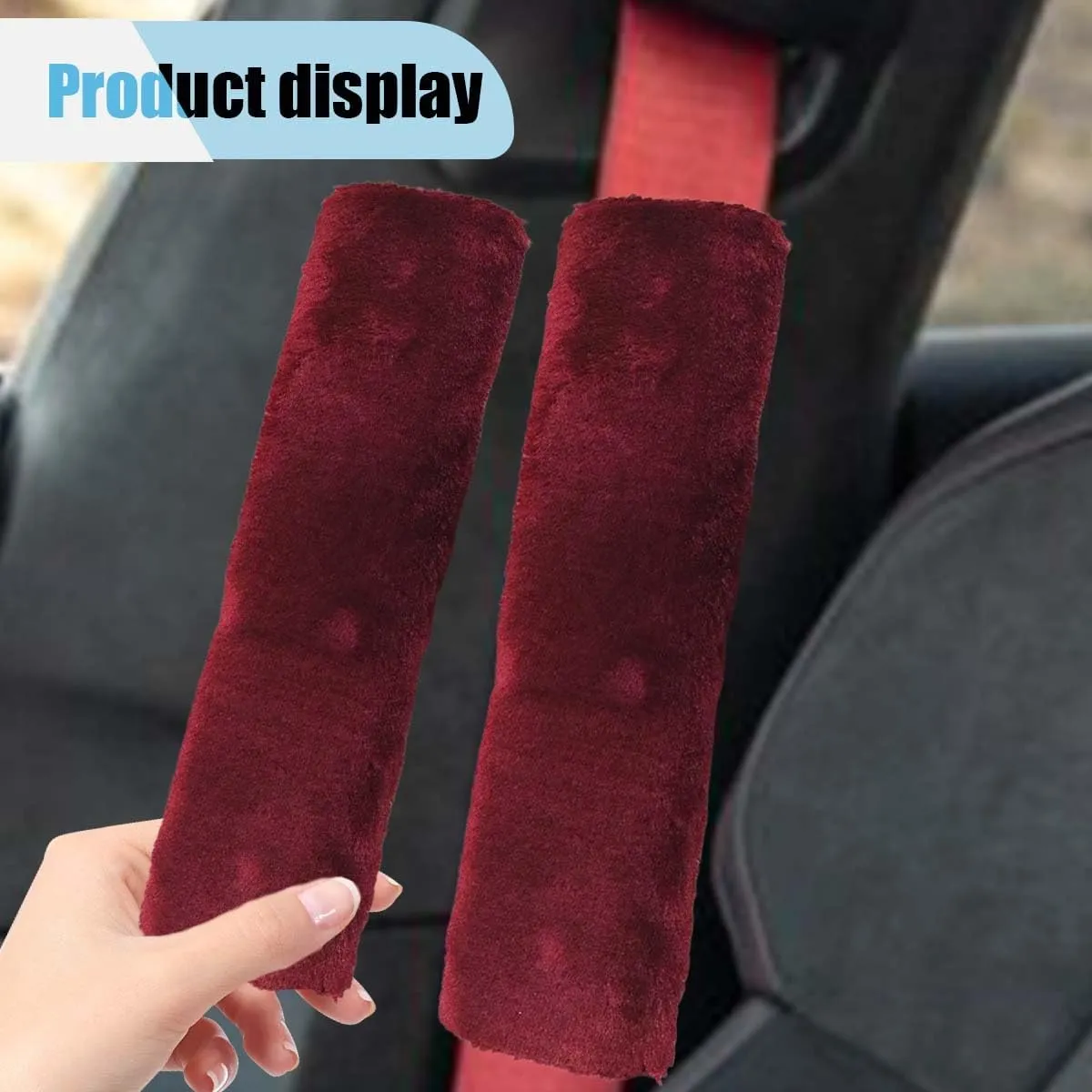 2PCS Car Seat Belt Cover Pads, Soft Faux Sheepskin Seat Belt Protectors, Driving Comfortable Seat Belt Shoulder Strap Cover, Protect Shoulder and Neck, Universal Car Interior Accessories (Burgundy)