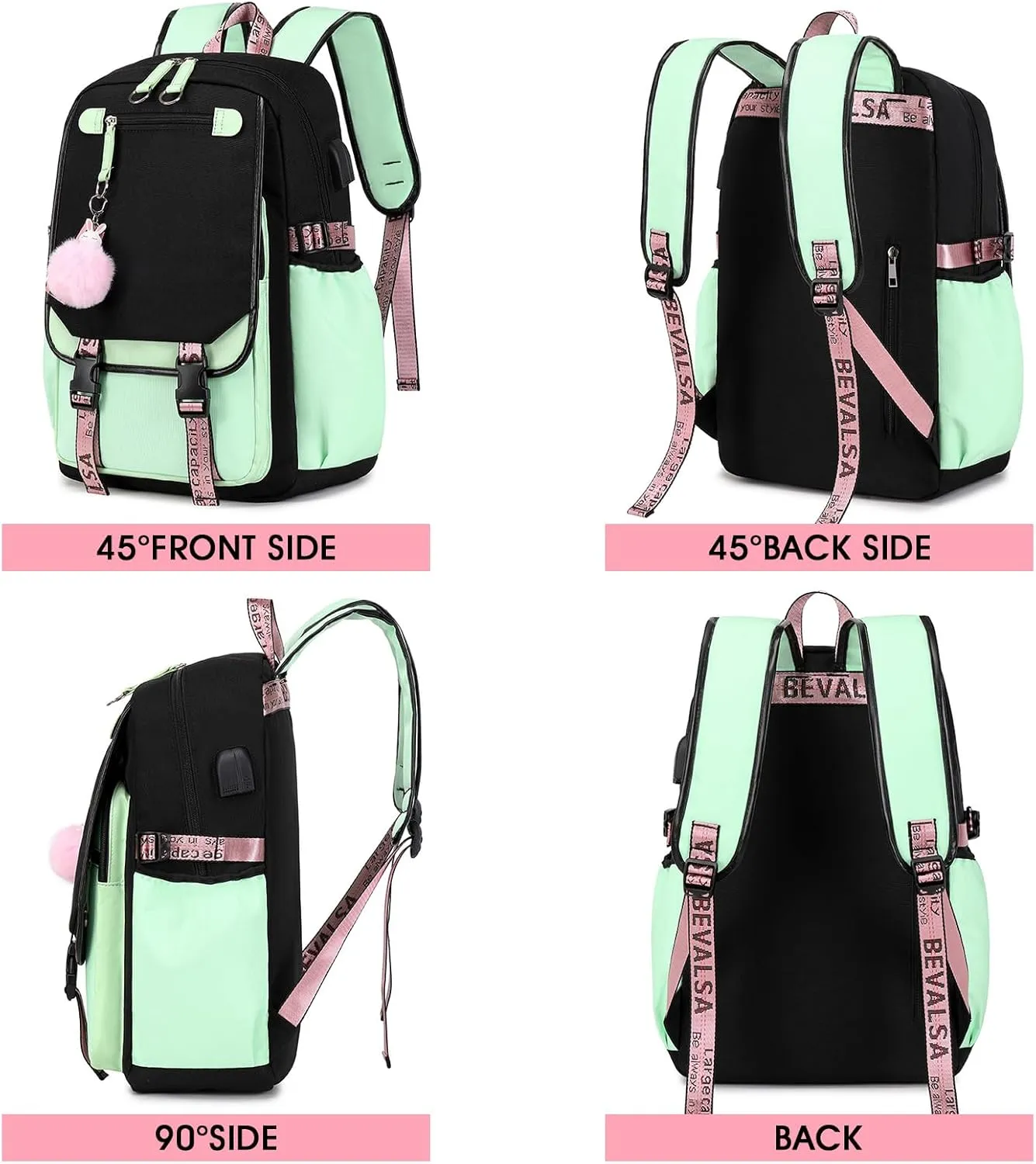 Bevalsa School Backpack for Girls, Girls Backpack with Lunch Box, Bookbag for Kids Elementary Middle School Student 21L Children Schoolbag