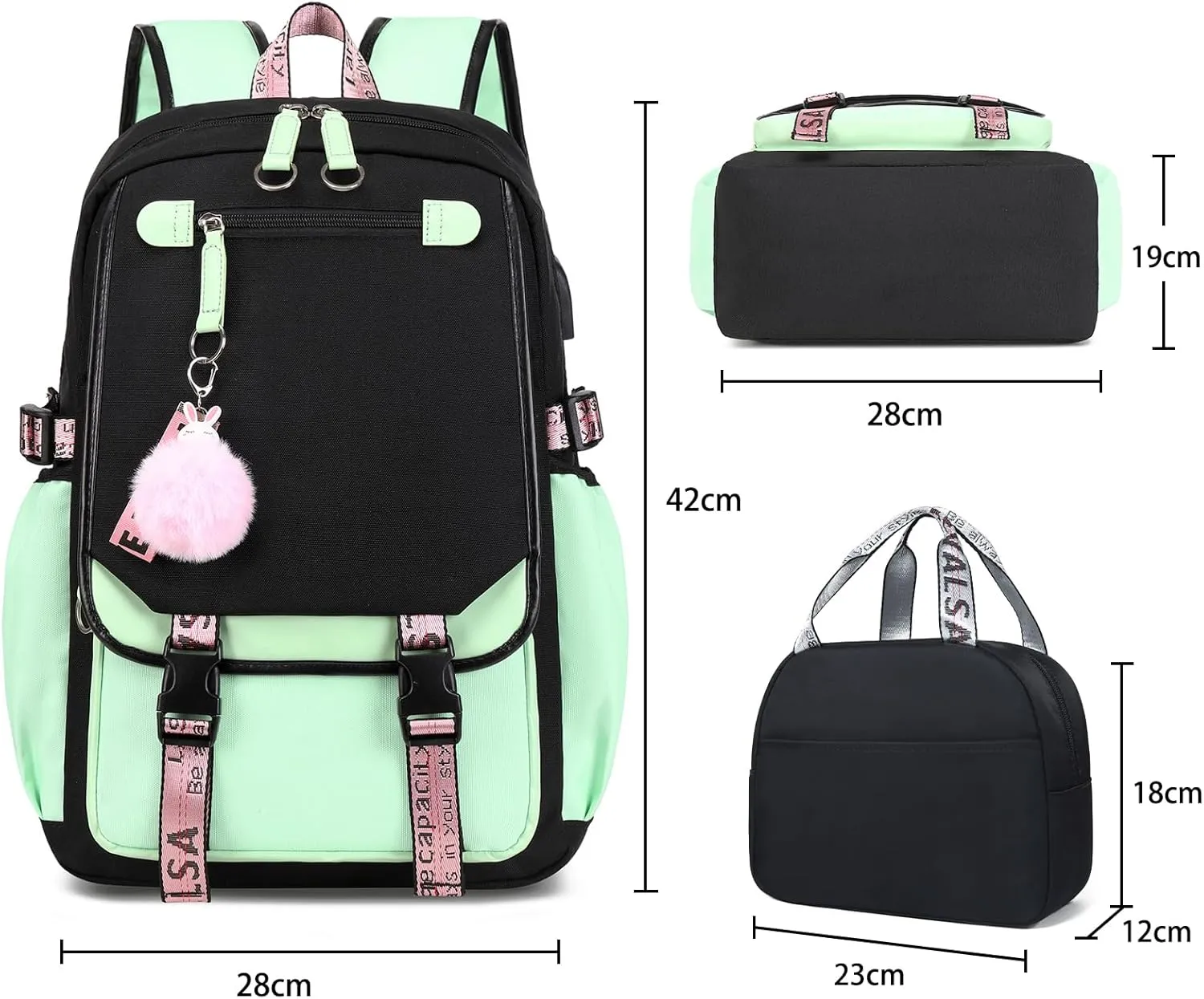 Bevalsa School Backpack for Girls, Girls Backpack with Lunch Box, Bookbag for Kids Elementary Middle School Student 21L Children Schoolbag