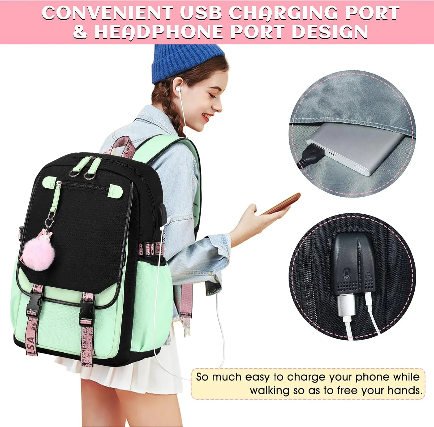 Bevalsa School Backpack for Girls, Girls Backpack with Lunch Box, Bookbag for Kids Elementary Middle School Student 21L Children Schoolbag