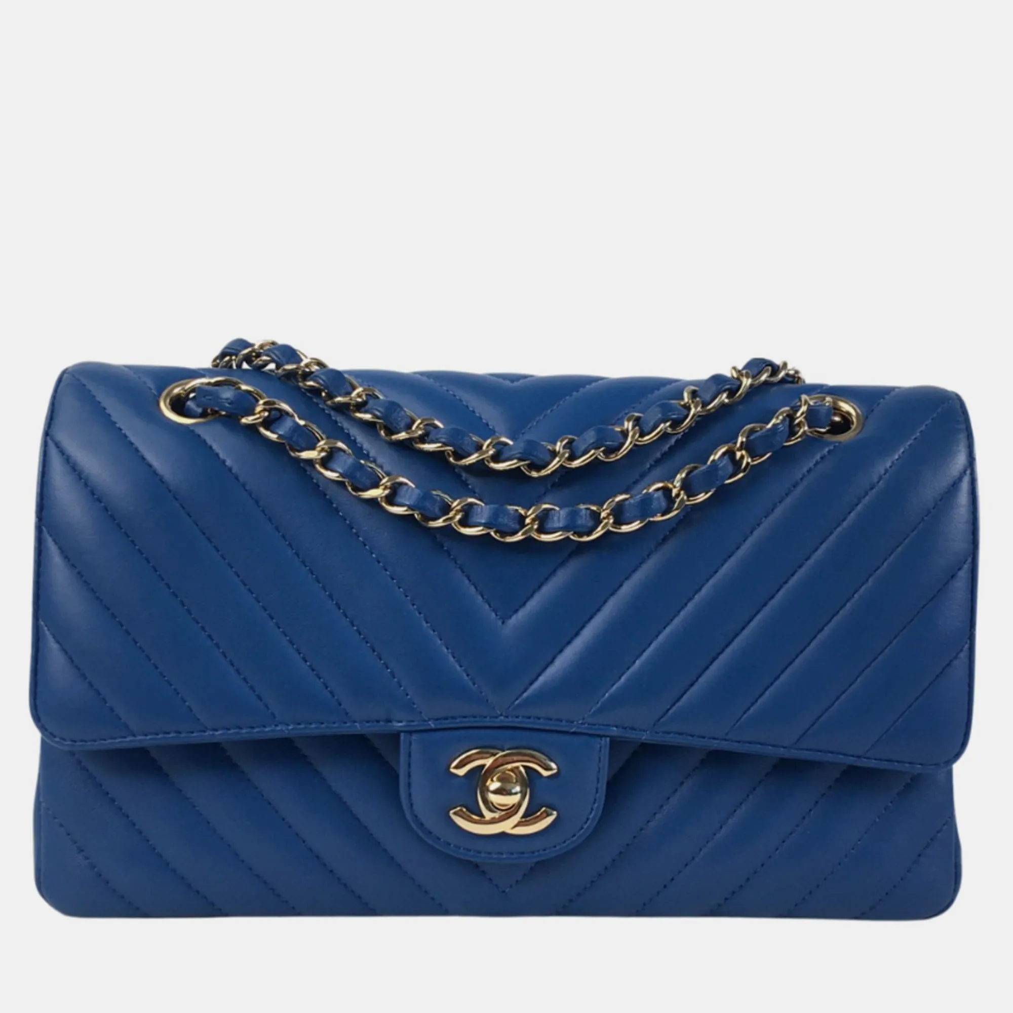 Blue Lambskin Leather Medium Classic Double Flap Shoulder Bag