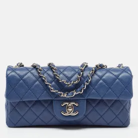 Blue Quilted Caviar Leather East/West Classic Flap Bag
