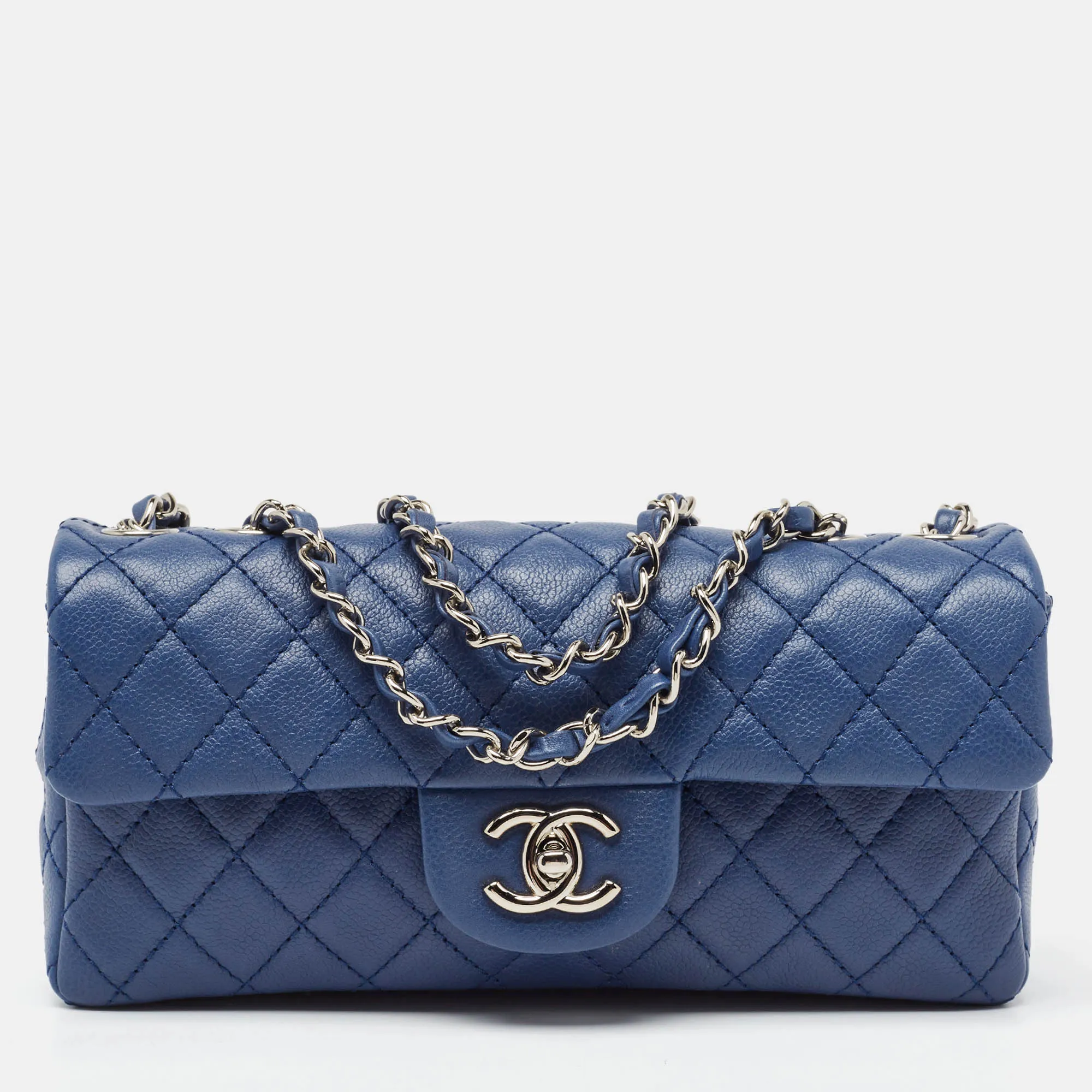 Blue Quilted Caviar Leather East/West Classic Flap Bag