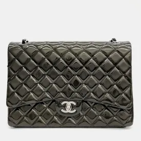 Brown Patent Leather Classic Maxi Double Flap Bag