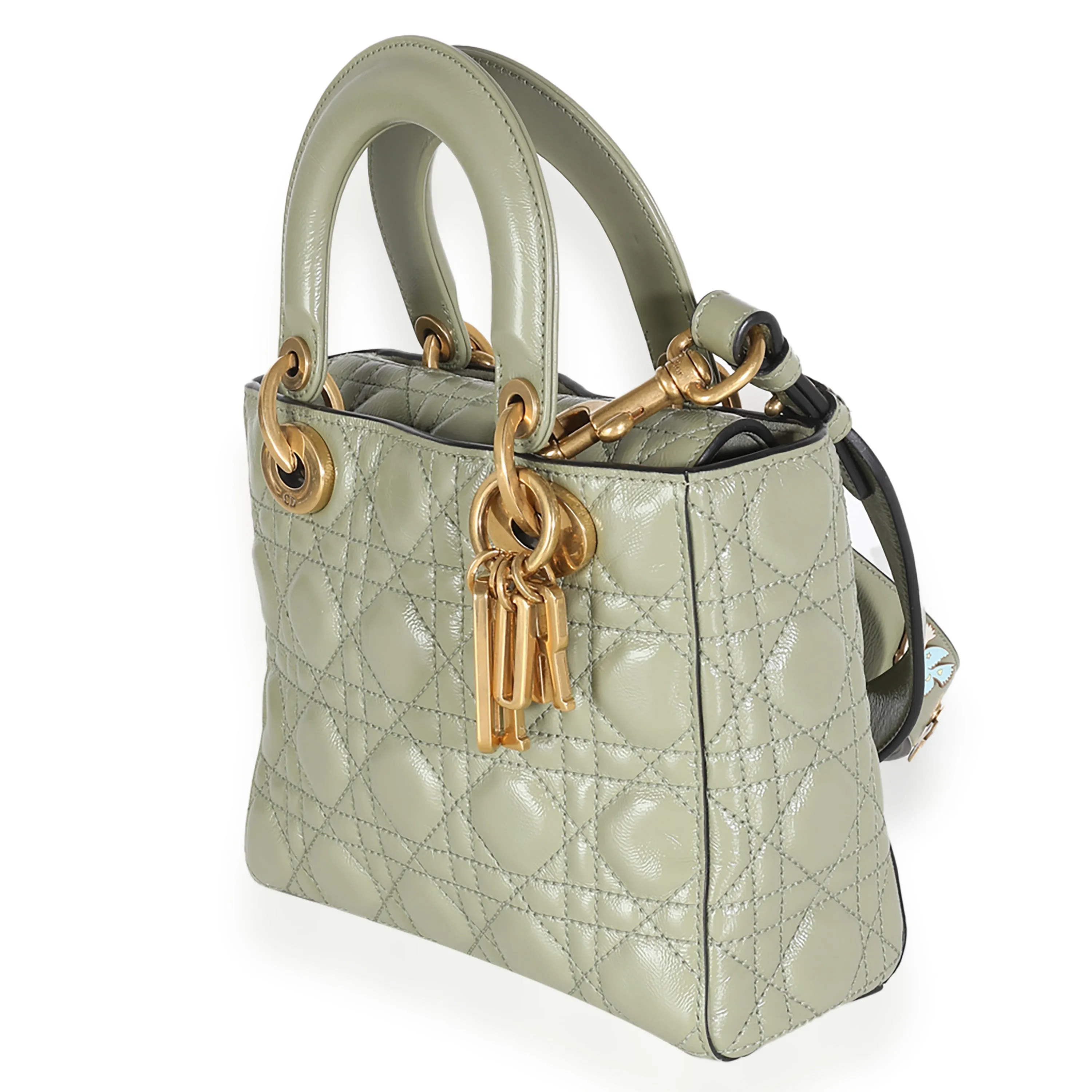 CHRISTIAN DIOR Green Crinkled Patent Cannage Lucky Badges My Lady Dior Bag