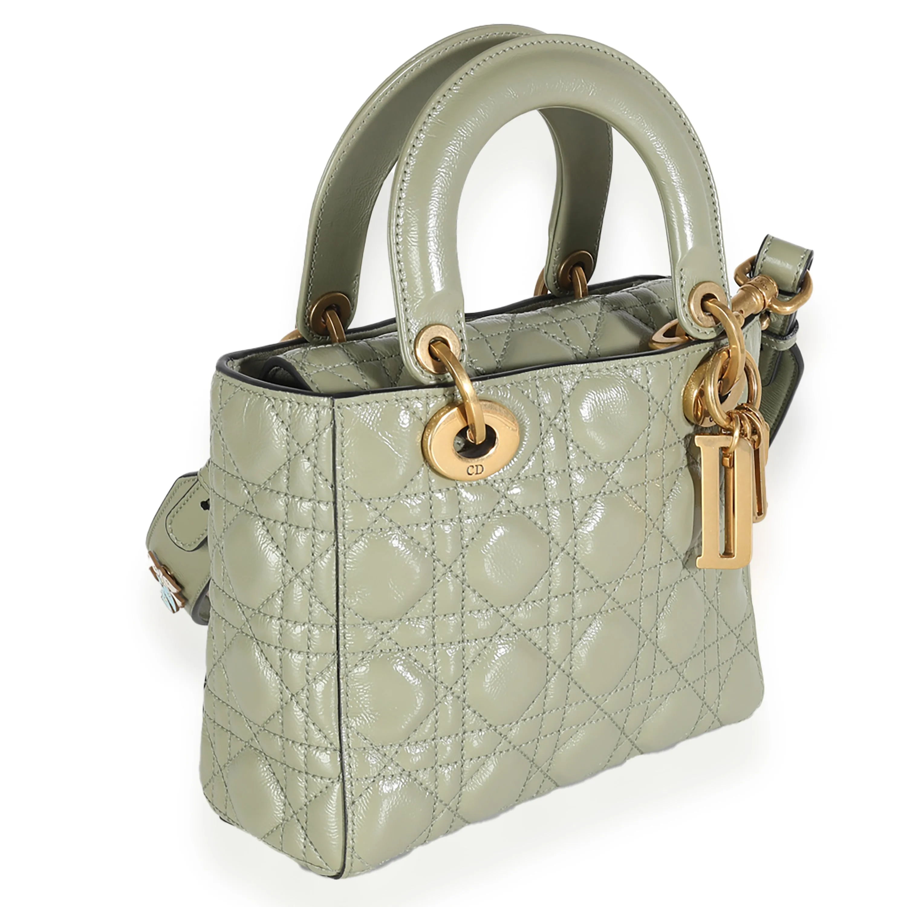 CHRISTIAN DIOR Green Crinkled Patent Cannage Lucky Badges My Lady Dior Bag