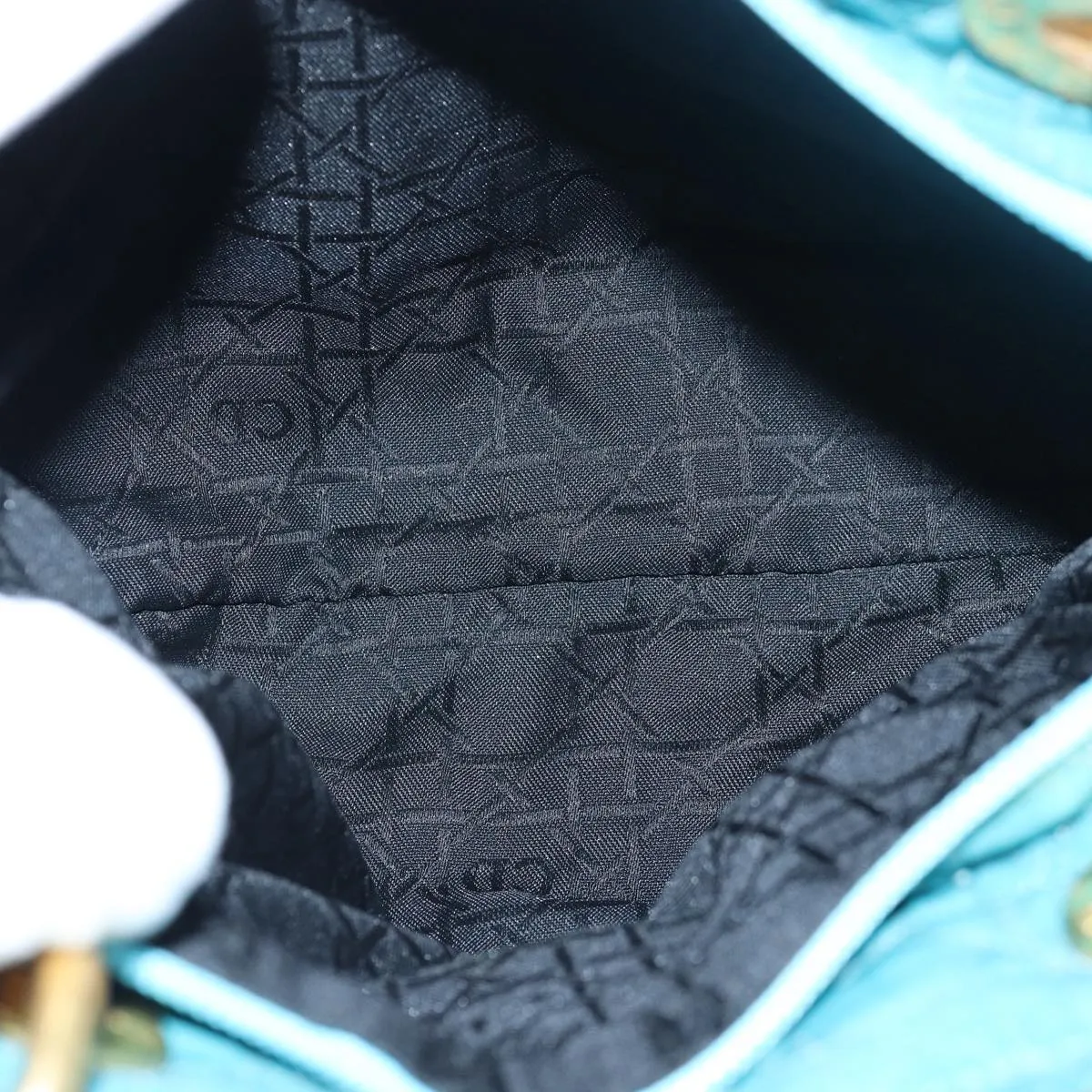 CHRISTIAN DIOR Lady Dior Canage Hand Bag Nylon Turquoise Blue Auth 78336