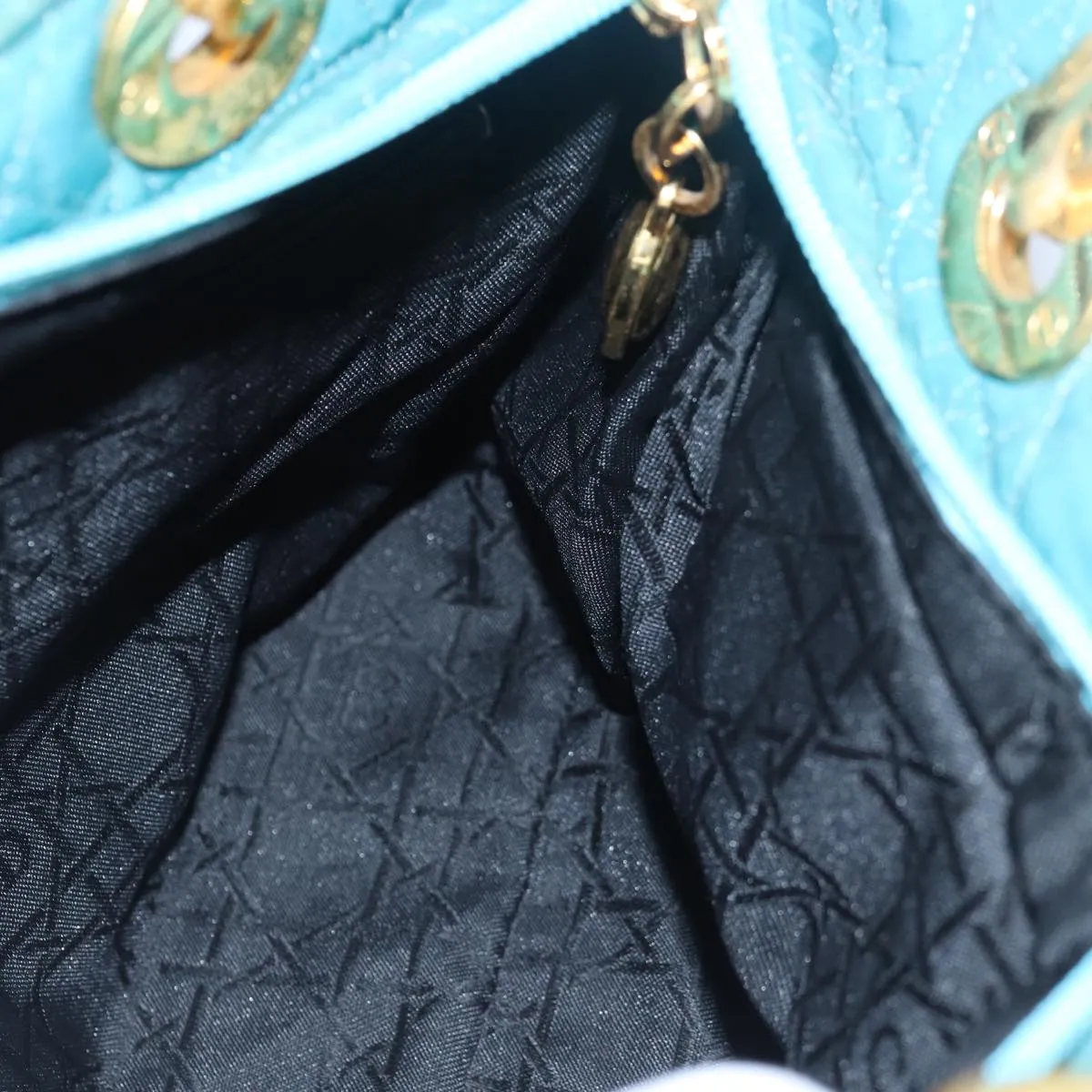 CHRISTIAN DIOR Lady Dior Canage Hand Bag Nylon Turquoise Blue Auth 78336