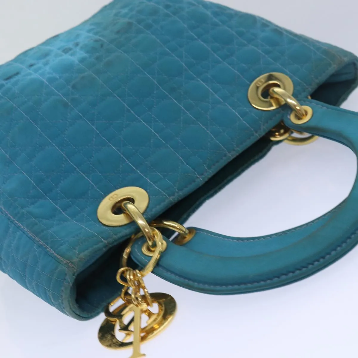 CHRISTIAN DIOR Lady Dior Canage Hand Bag Nylon Turquoise Blue Auth 78336