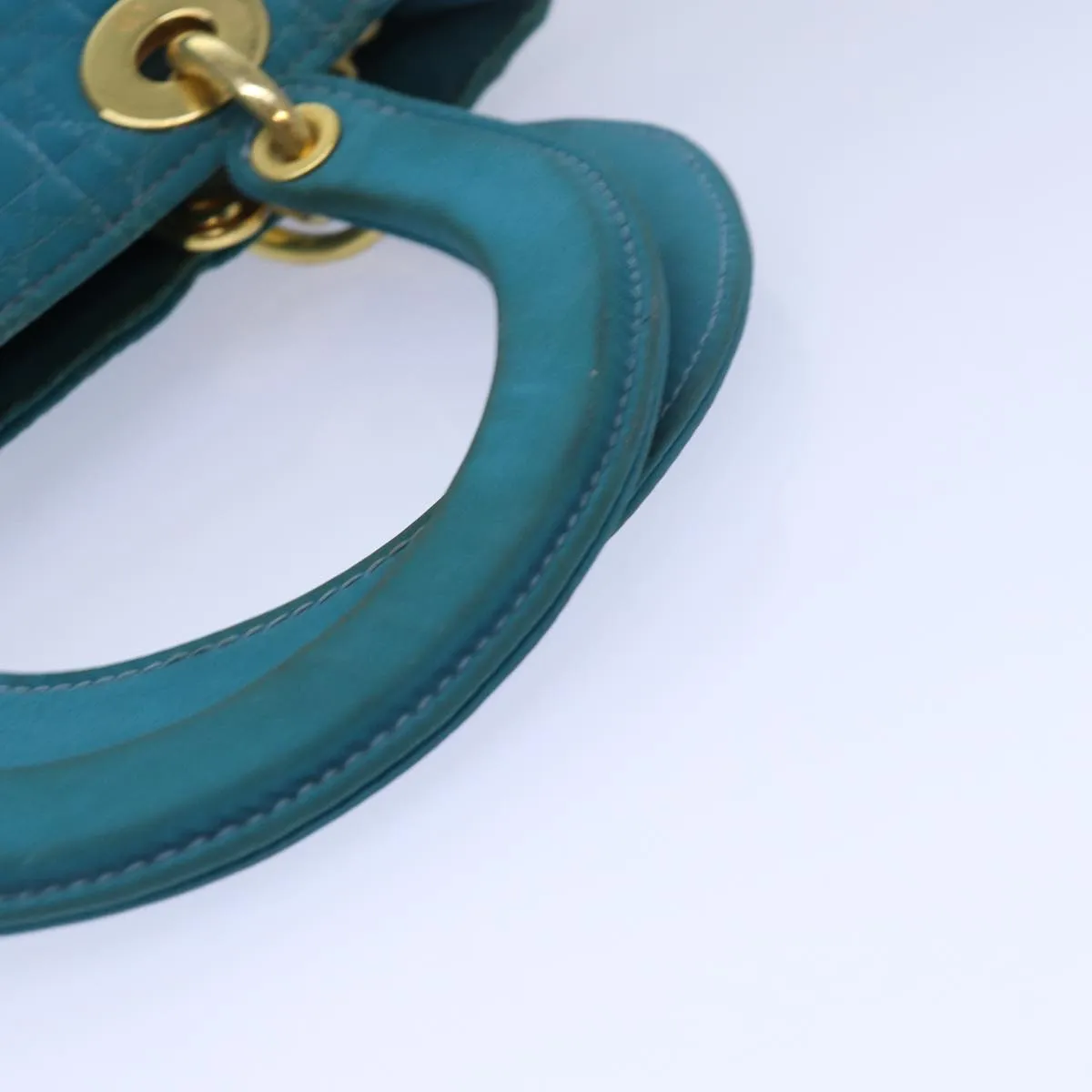 CHRISTIAN DIOR Lady Dior Canage Hand Bag Nylon Turquoise Blue Auth 78336