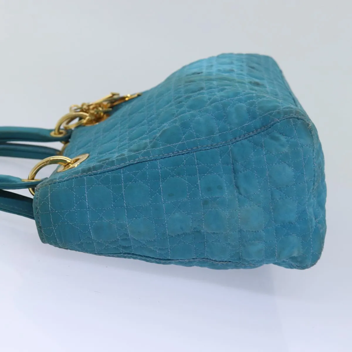 CHRISTIAN DIOR Lady Dior Canage Hand Bag Nylon Turquoise Blue Auth 78336