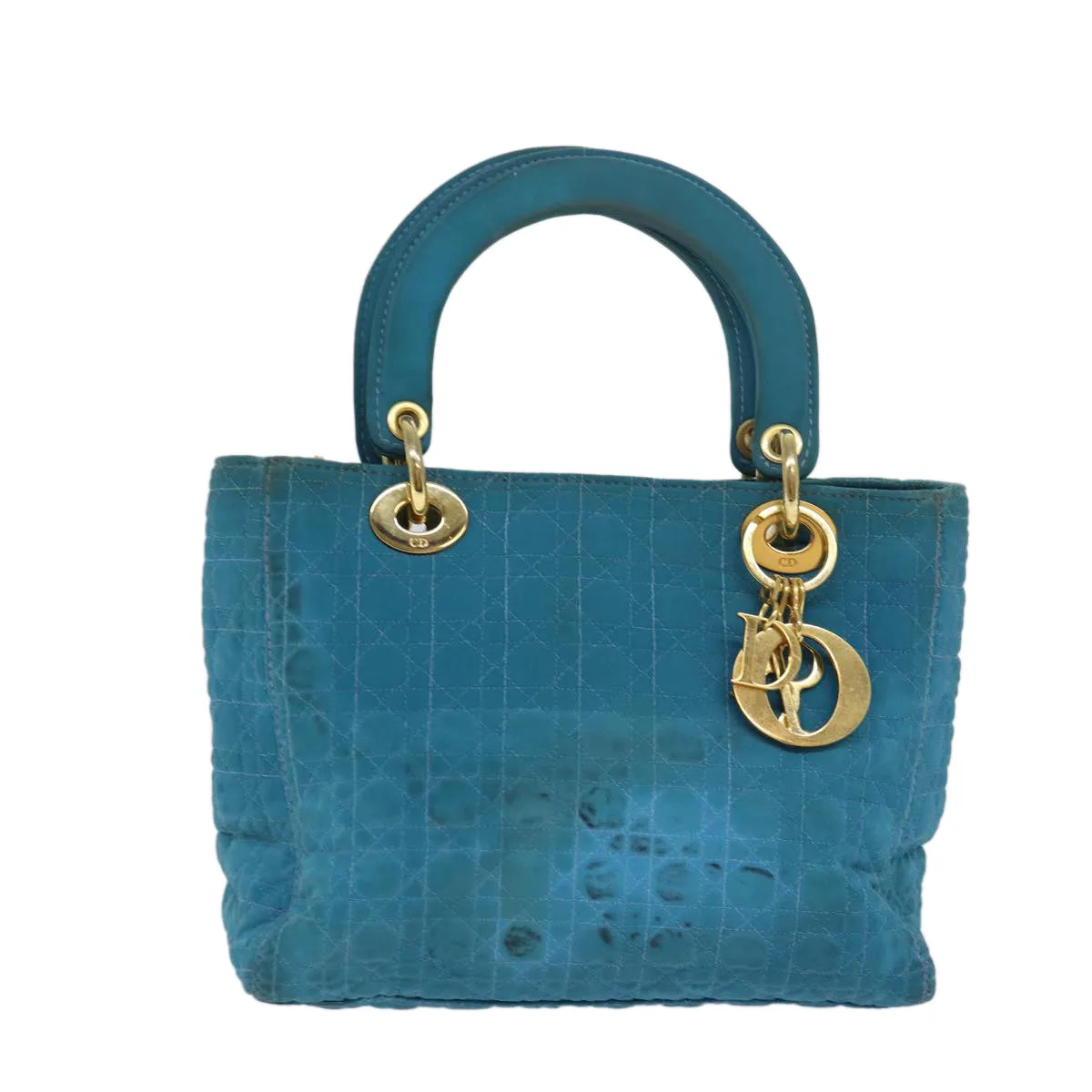 CHRISTIAN DIOR Lady Dior Canage Hand Bag Nylon Turquoise Blue Auth 78336