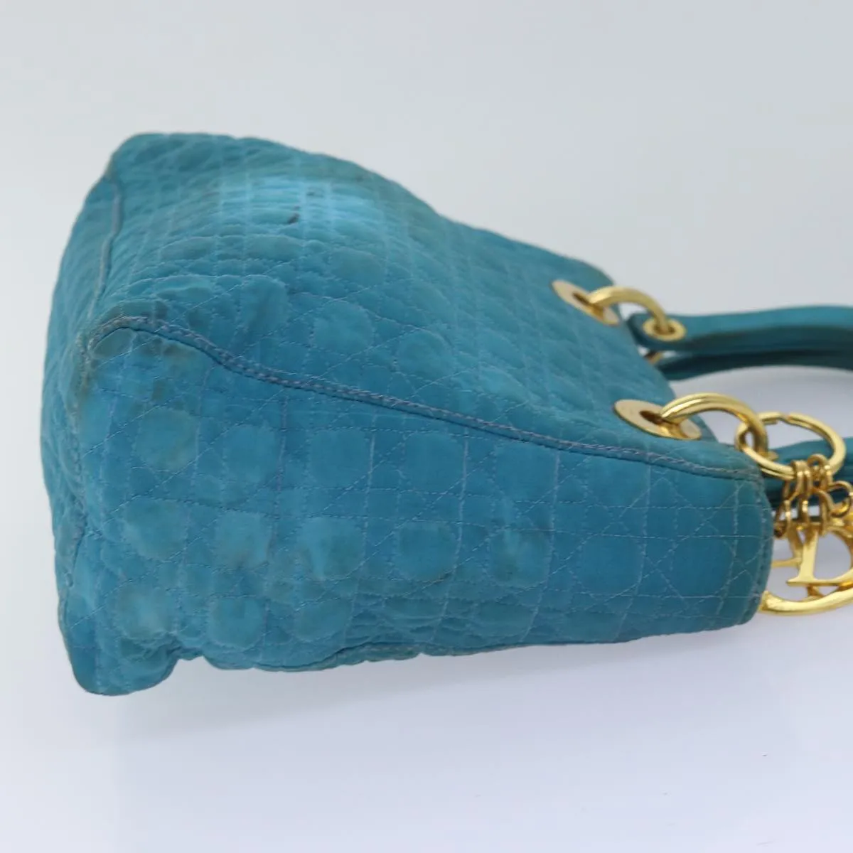 CHRISTIAN DIOR Lady Dior Canage Hand Bag Nylon Turquoise Blue Auth 78336