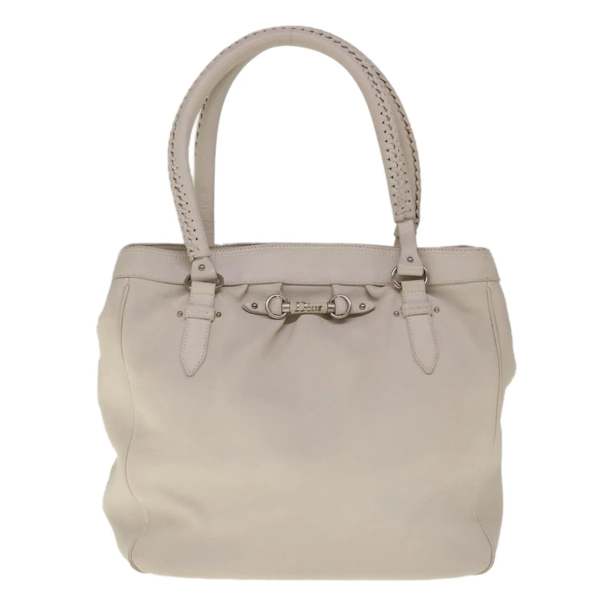 CHRISTIAN DIOR Tote Bag Leather White Auth am5702