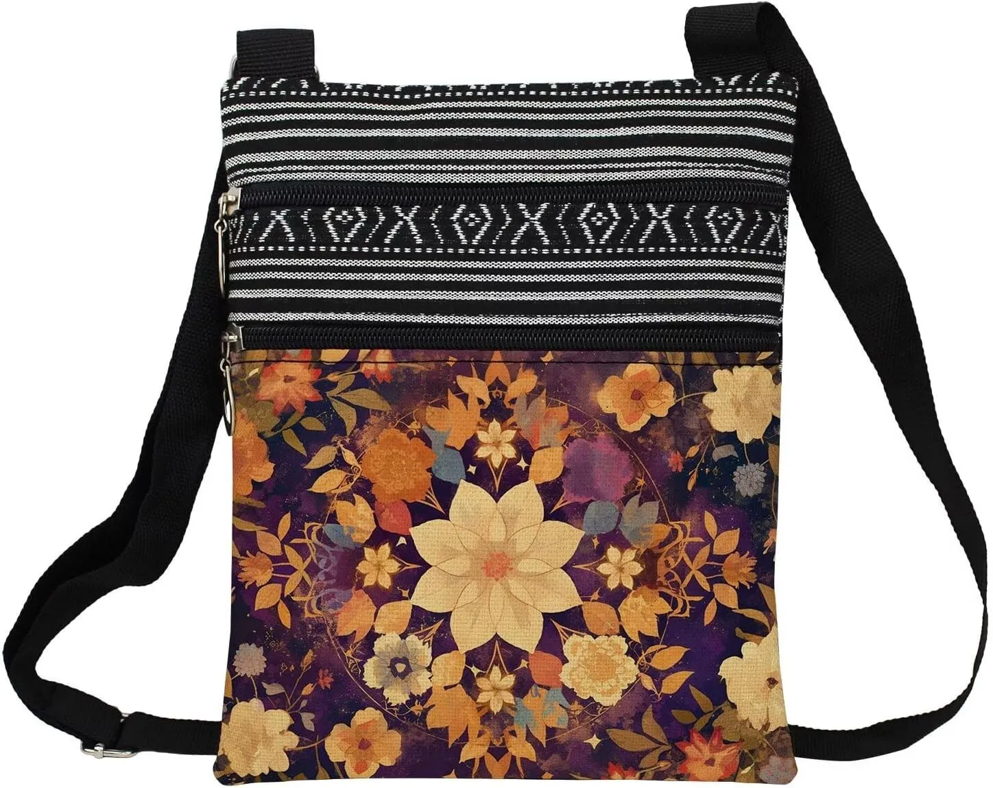 Colorful Flower Messenger Bag Small Ethnic Pattern Printed Adjustable Strap Crossbody Zipper Bag Colorful Flower Phone Bag Wallet Cute Shoulder Handbag for Women Friends -10