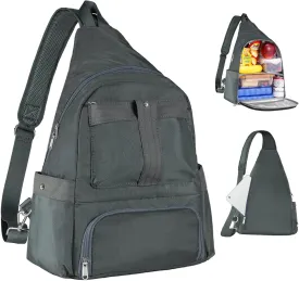 Crossbody Lunch Backpack, Double Deck Insulated Lunch Box for Men Women Adult, Leakproof Lunchbox with Side Pokets for iPad, Large Cooler Bag for Work Office Hiking Beach Picnic, Grey