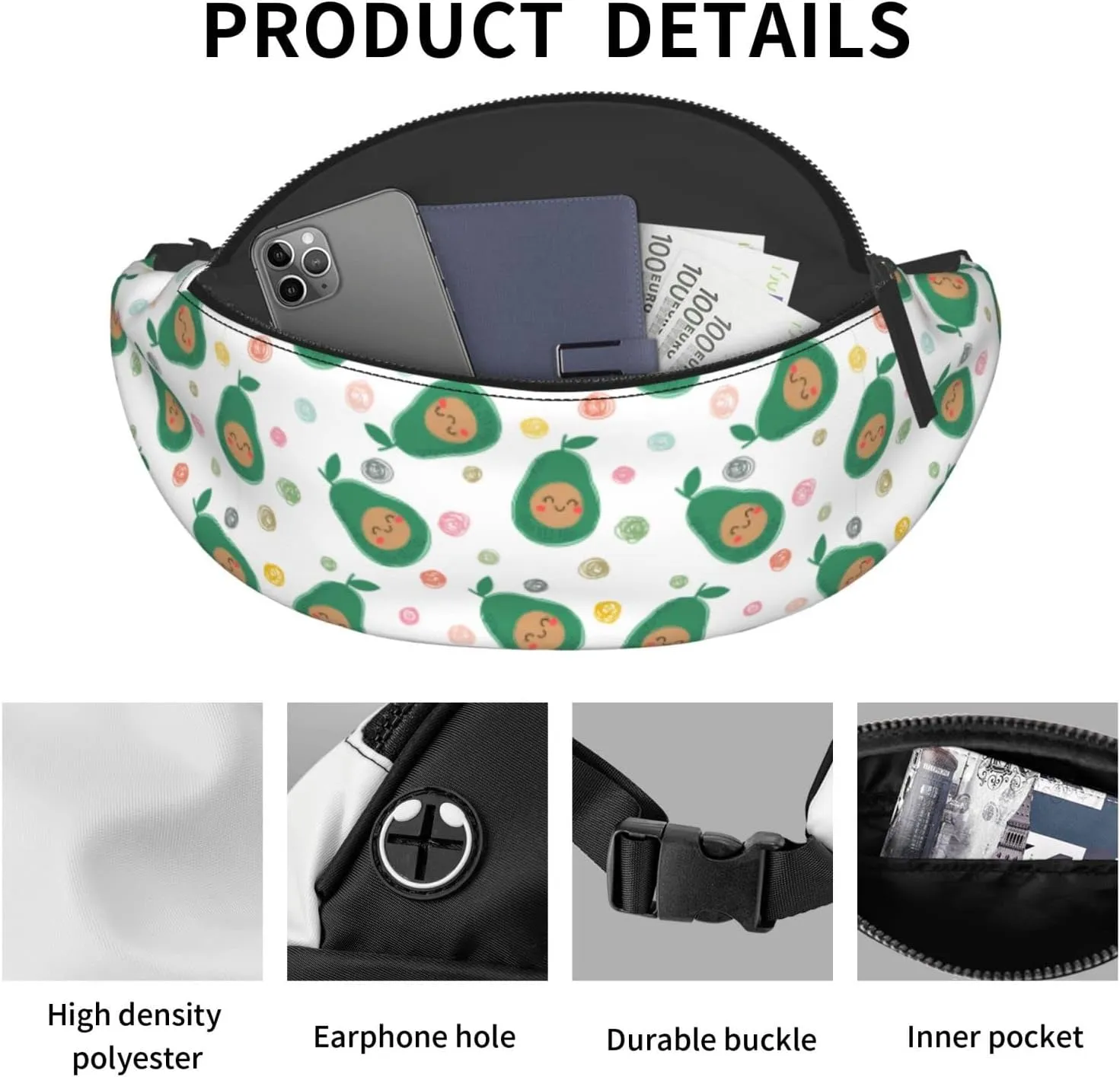 Cute Avocado Fanny Packs For Women With Earphone Hole, Adjustable Belt Bag For Women, Waist Bag Cross Body Fanny Pack Chest Bag For Women Hiking Traveling Running