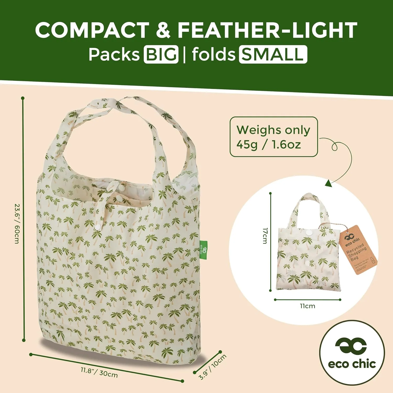 ECO CHIC Foldable Reusable Grocery Bags - Lightweight, Recycled & Reusable Shopping Bag - Waterproof Packable Tote