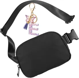 Fanny Pack for Women and Men,Mini Black Belt Bag,Fashionable Small Waist Pack Crossbody Bag and Initial Letter Butterfly Keychains for Traveling,Running,Hiking,Jogging,Cycling(Belt Bag-E)