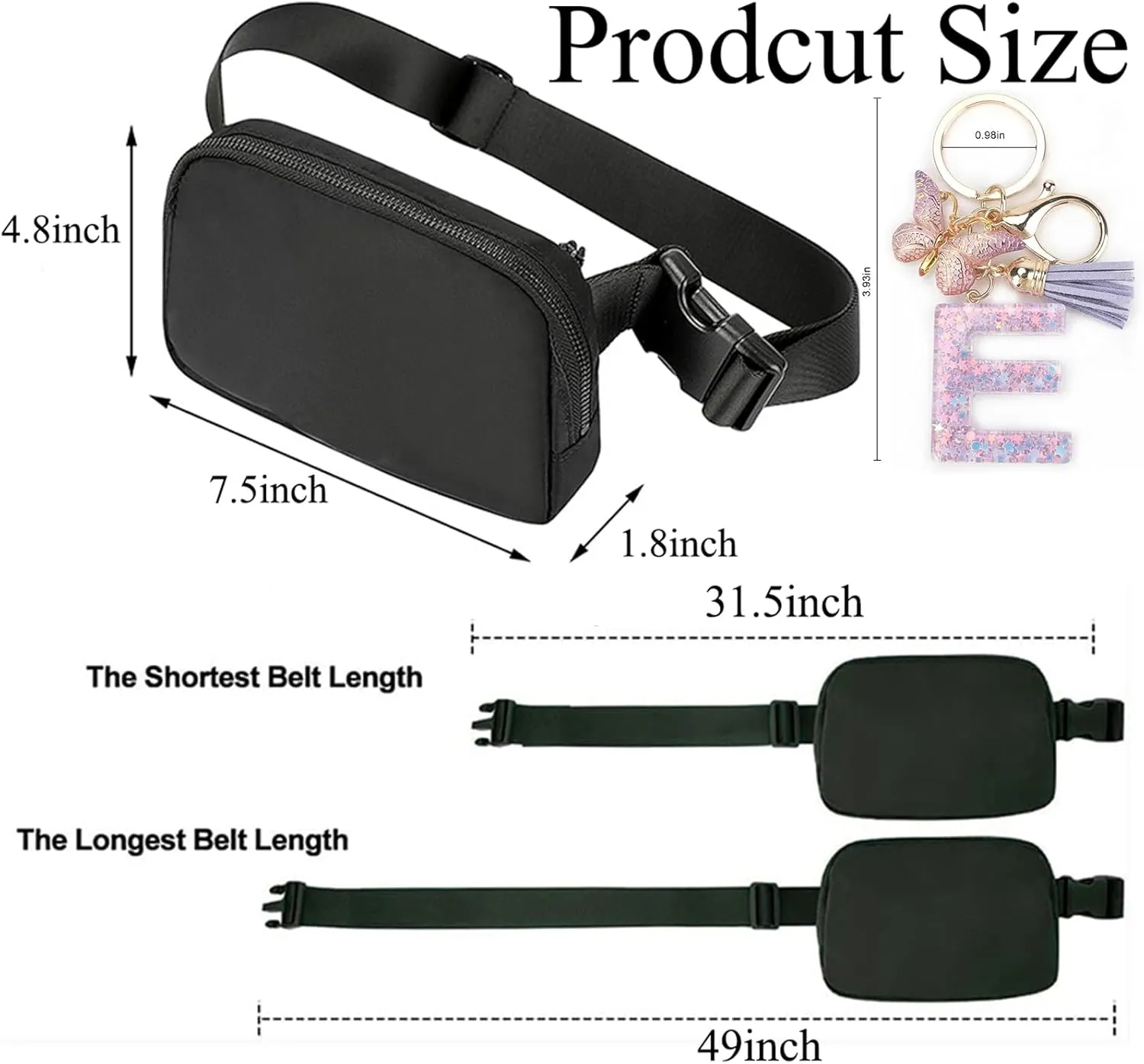 Fanny Pack for Women and Men,Mini Black Belt Bag,Fashionable Small Waist Pack Crossbody Bag and Initial Letter Butterfly Keychains for Traveling,Running,Hiking,Jogging,Cycling(Belt Bag-E)