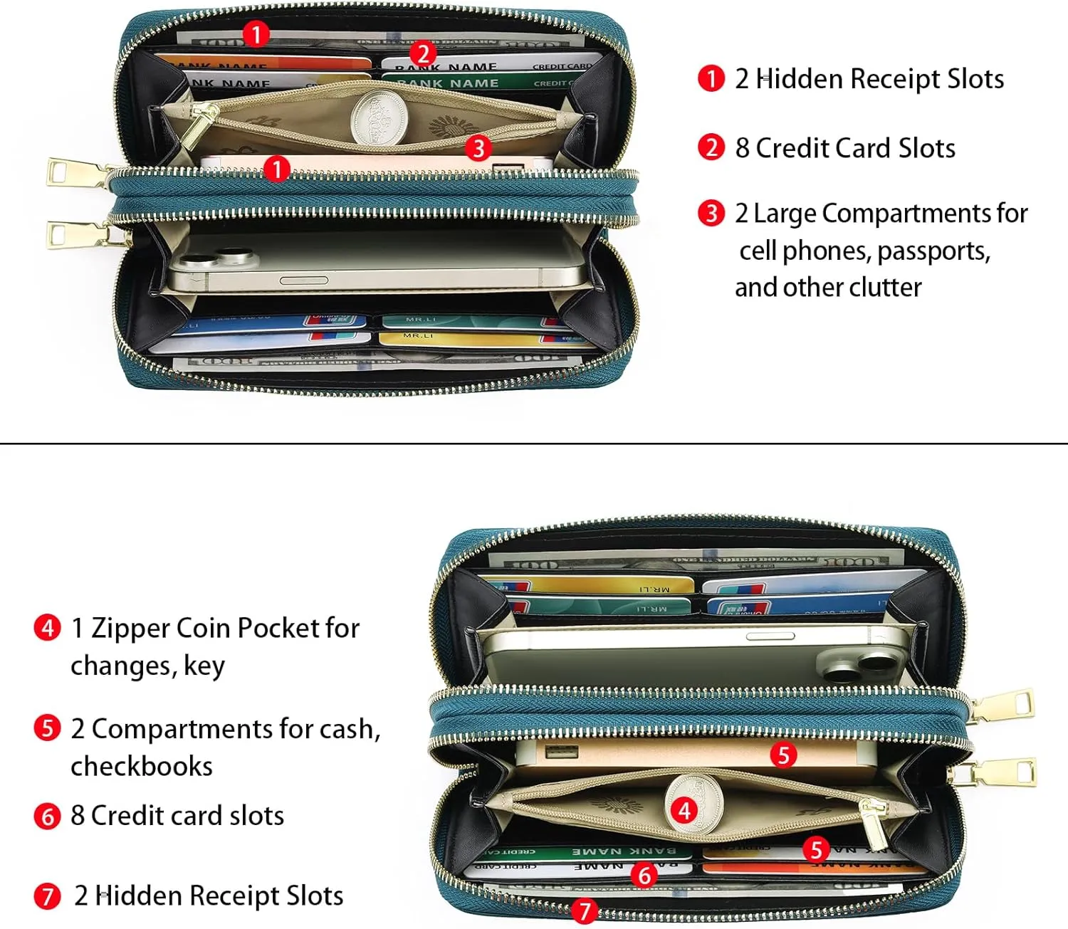 GOIACII Women's Wallet Large Capacity Double Zip Ladies Card Phone Holder RFID Blocking Wristlet Leather