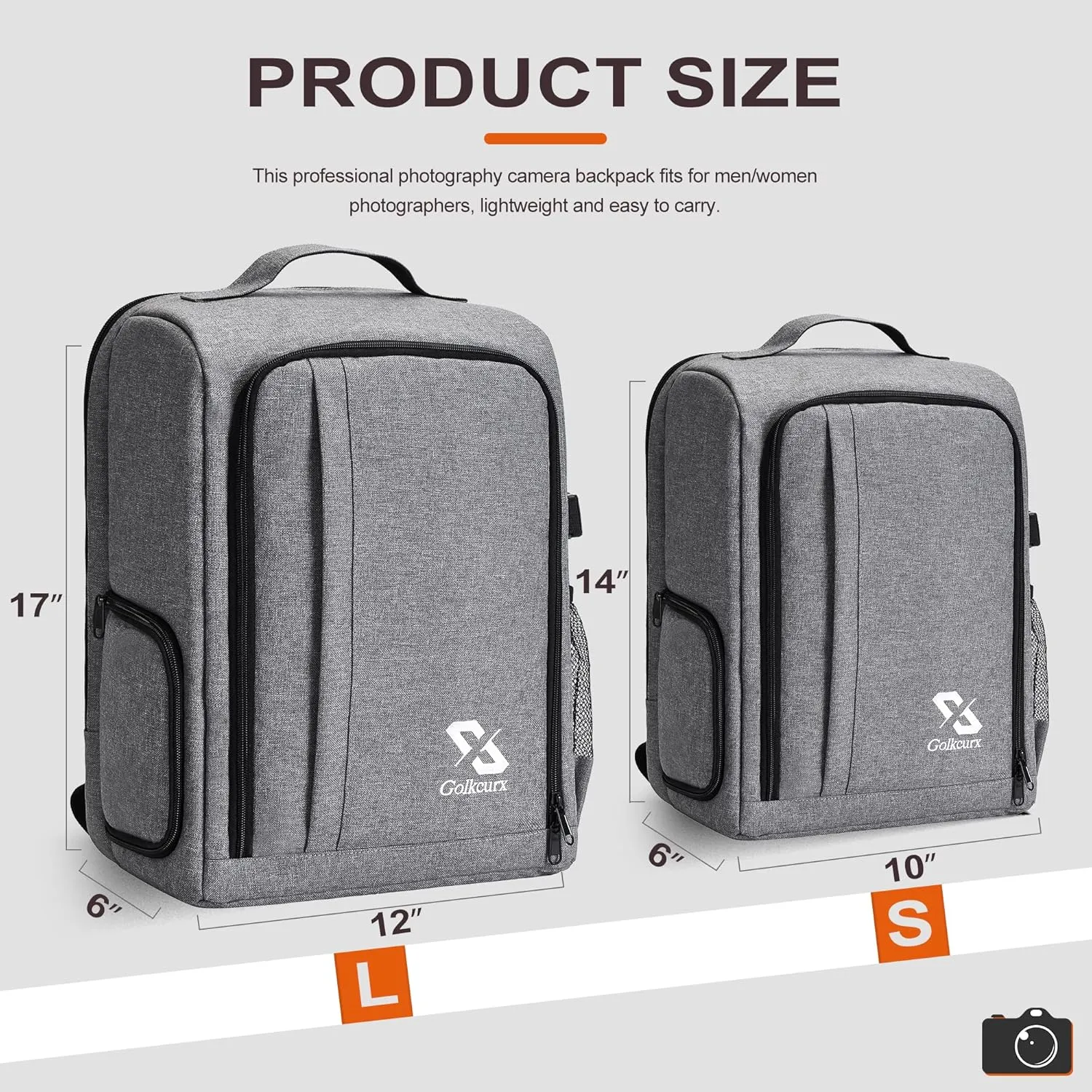 Golkcurx Camera Bag for DSLR/SLR CamerasCamera Backpack Waterproof for Photographers Grey L