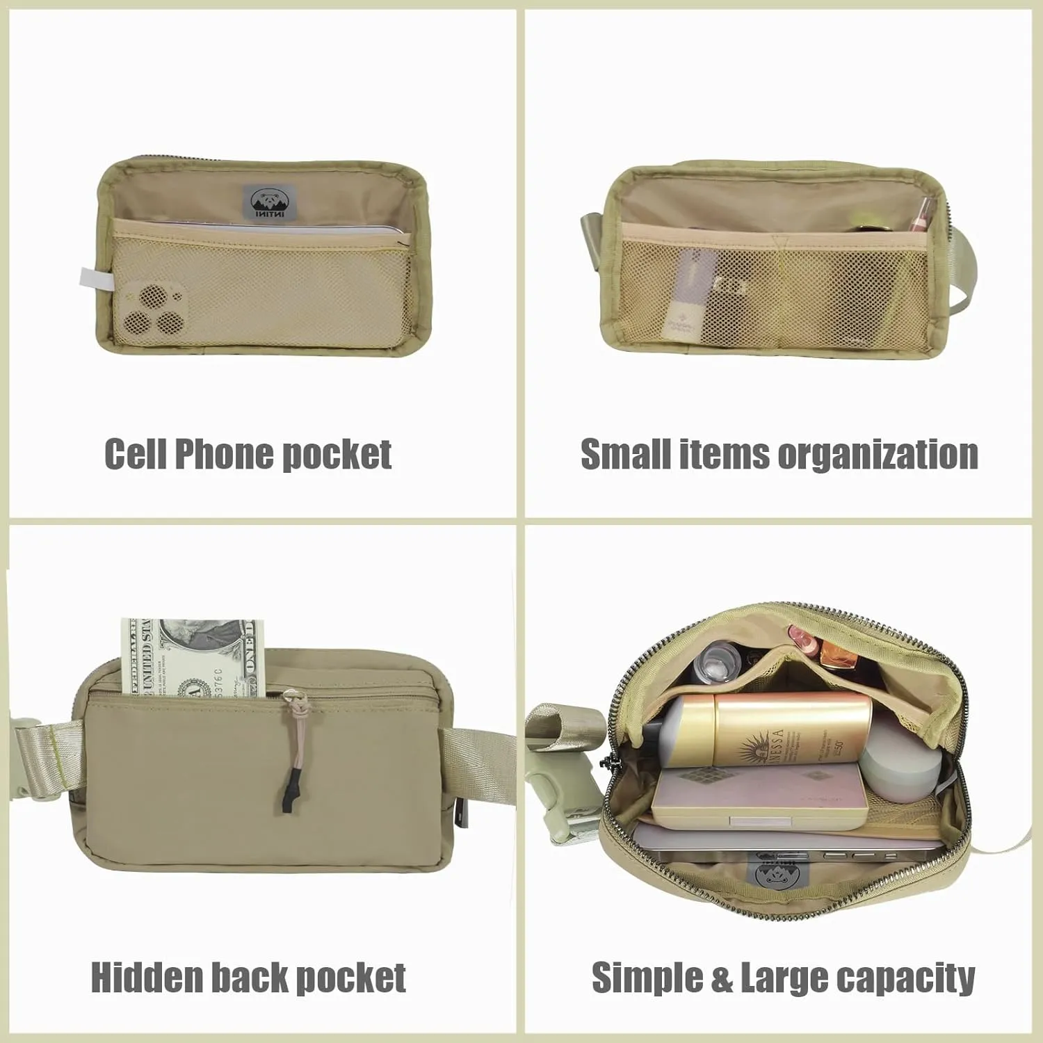 INTINI Everywhere Belt Bag  Small, Slim, and Stylish Mini Crossbody Fanny Pack for Women 50 Inch Waist (S - Khaki)