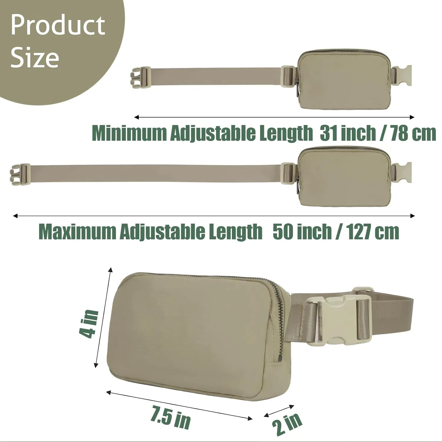 INTINI Everywhere Belt Bag  Small, Slim, and Stylish Mini Crossbody Fanny Pack for Women 50 Inch Waist (S - Khaki)
