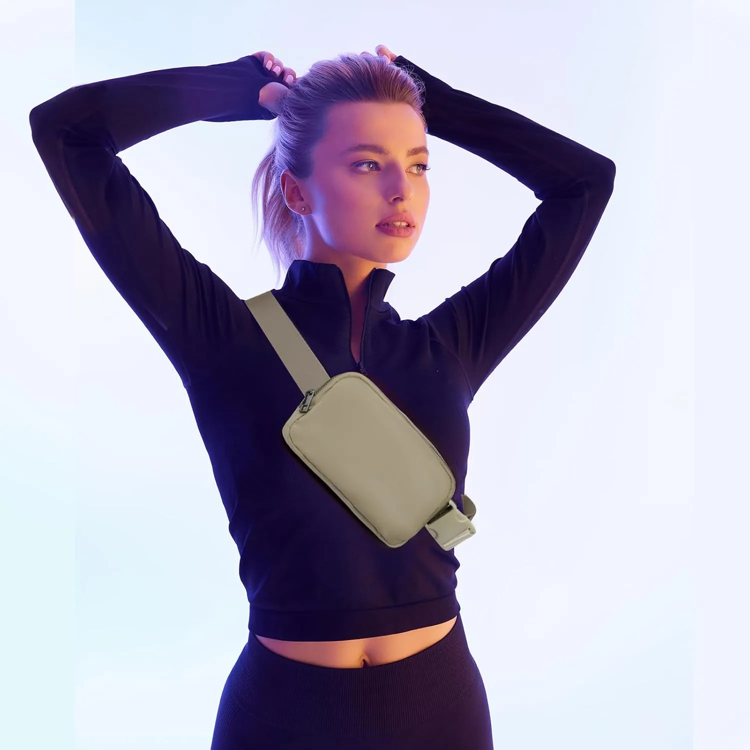 INTINI Everywhere Belt Bag  Small, Slim, and Stylish Mini Crossbody Fanny Pack for Women 50 Inch Waist (S - Khaki)