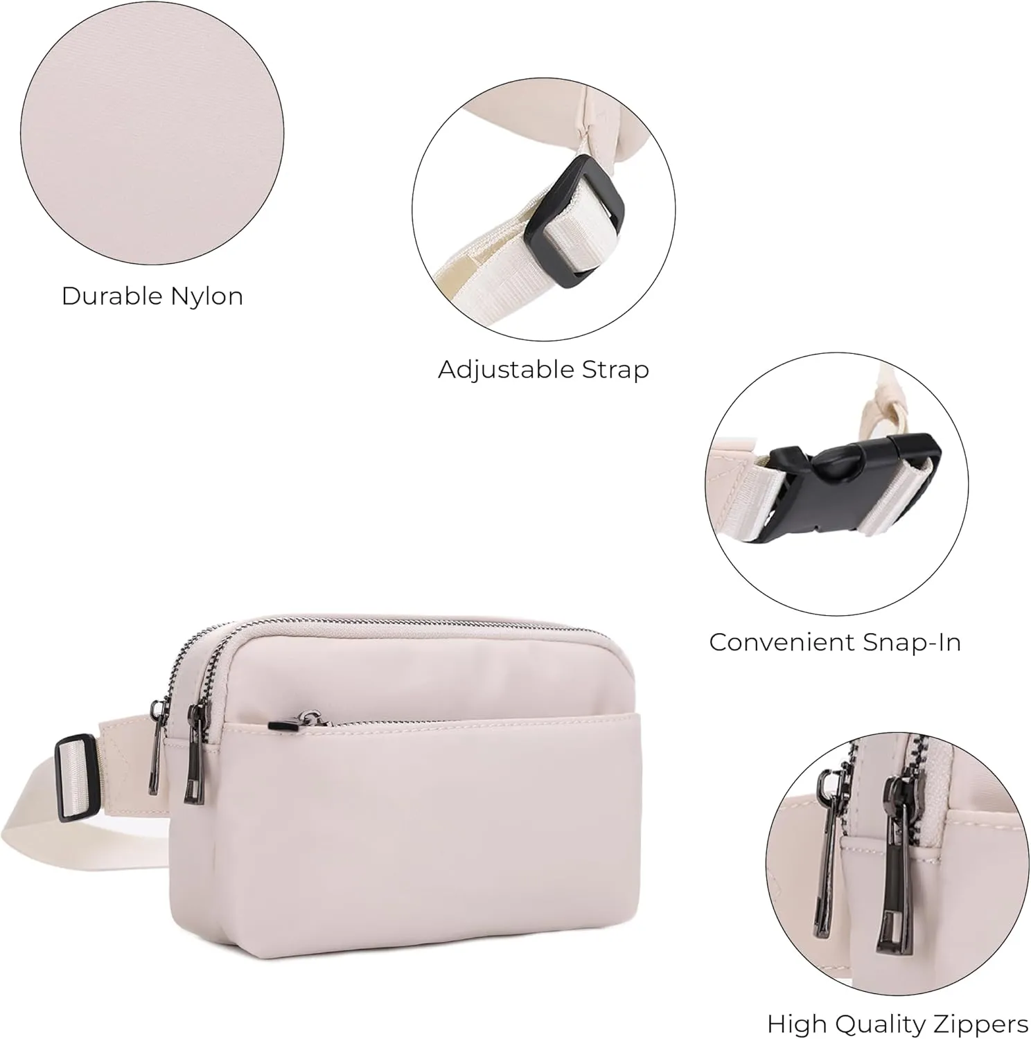 Jessie & James Crossbody Nylon Waist Pack with Adjustable Buckle Strap Fashion Multi Pocket Belt Bag| Ivory