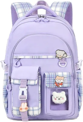 Kids Backpack for Girls Teens, Kawaii Backpack for School, Cute Bookbag for Primary Elementary with Accessories, Purple