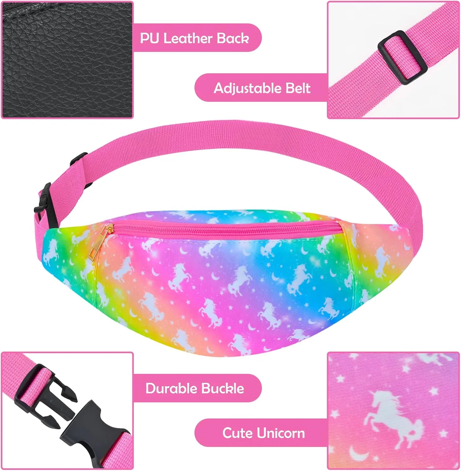 Kids Fanny Pack - Unicorn Waist Pack With 2 Pouches, Adjdstbable Belt For Girls Fashion, Travel Running Camping