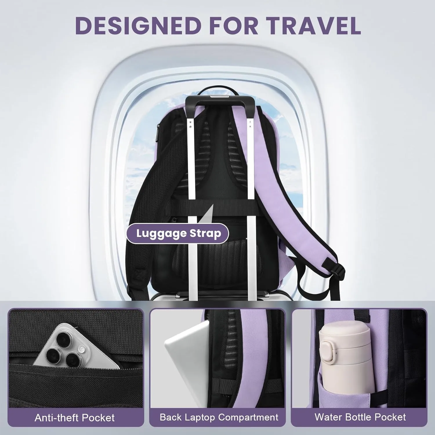 Laptop Backpack for Men, Bookbag for Men Women, Mens Work Backpack, Book Bag for School Teens, Travel Laptop Backpack Fits 15.6 Inch Notebook, Water Resistant Backpack with Luggage Strap (Purple)