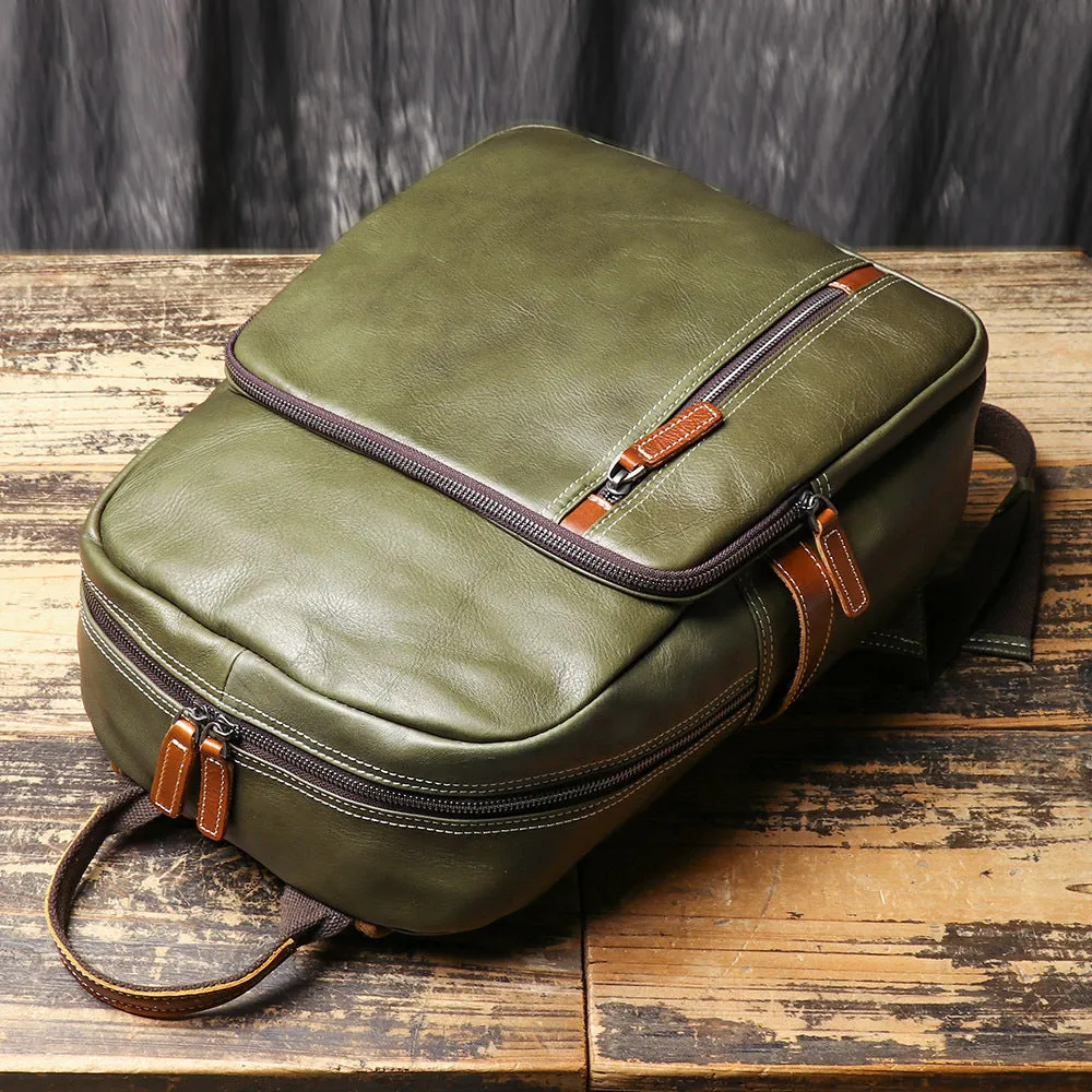 Leather Backpack Cowhide Travel Contrast Color