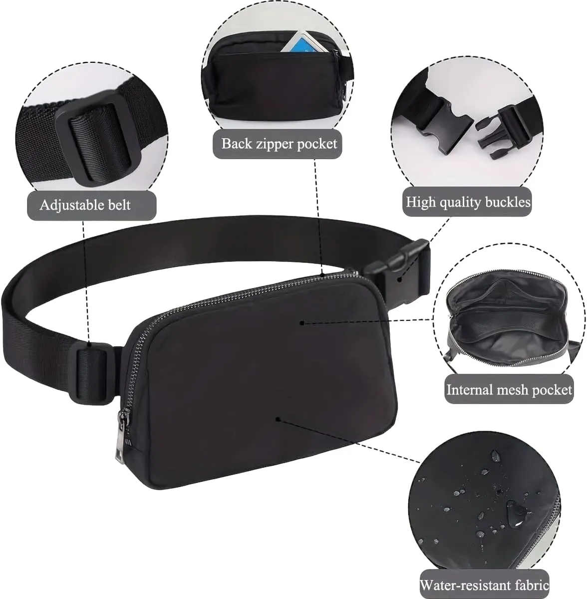 Mini Belt Bag Black Fanny Pack for Women Men Fashionable Small Waist Pack Crossbody Bag for Running,Hiking,Jogging,Cycling (Black fanny bag)