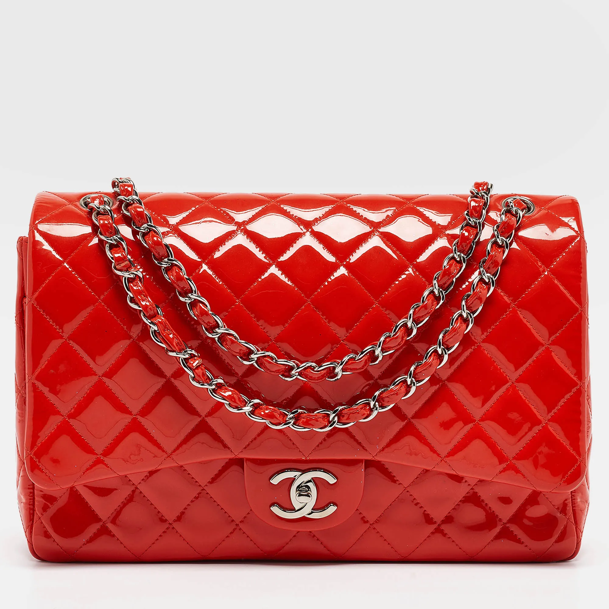 Orange Quilted Patent Leather Maxi Classic Double Flap Bag