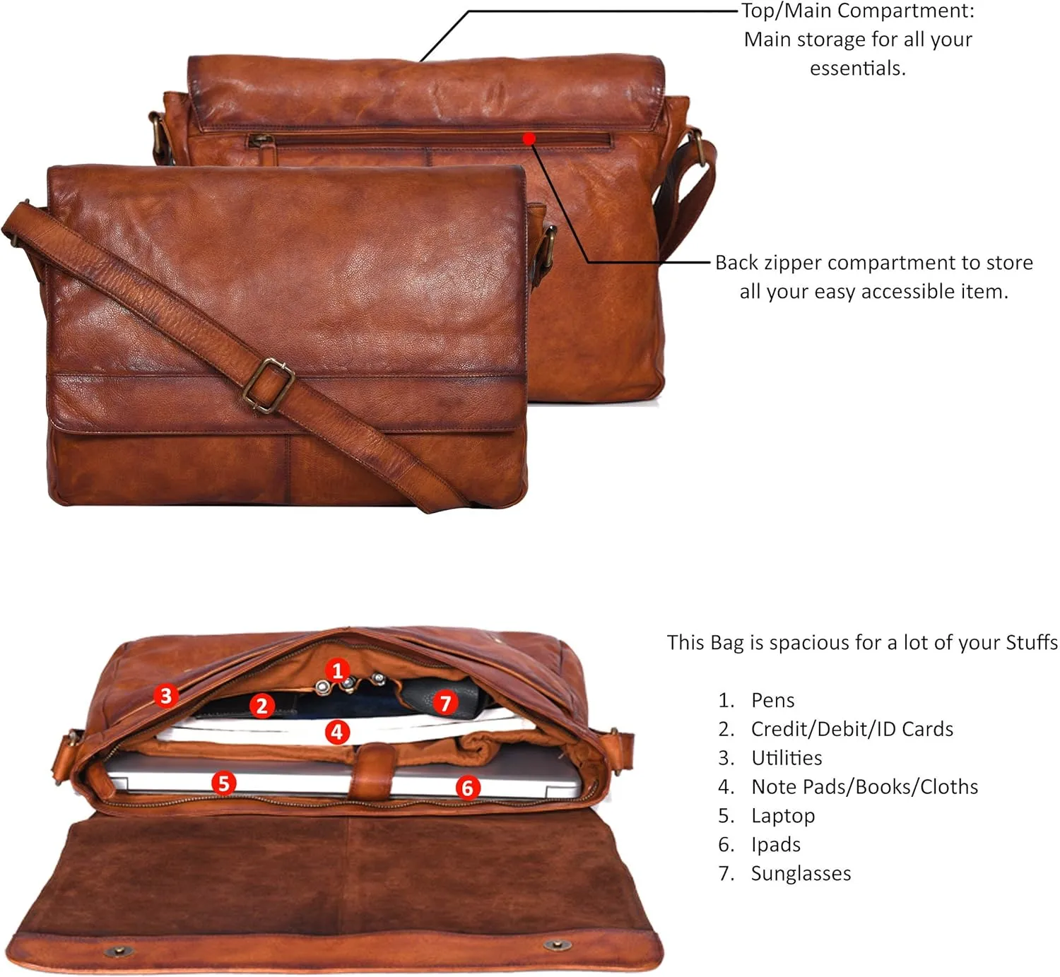 Ozora Genuine Leather Unisex Crossbody Messenger Bag with Adjustable Strap for 17 Inch Laptop, Travel, Office