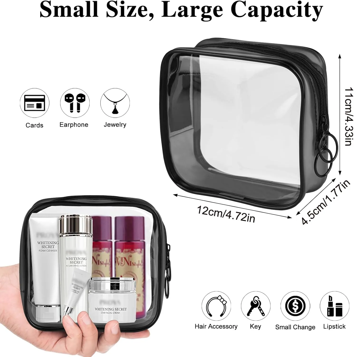 PLULON Small Clear Travel Toiletry Bag - TSA Approved Mini Make Up Zipper Pouch Cosmetic Bag for Women & Men's Purse Essentials