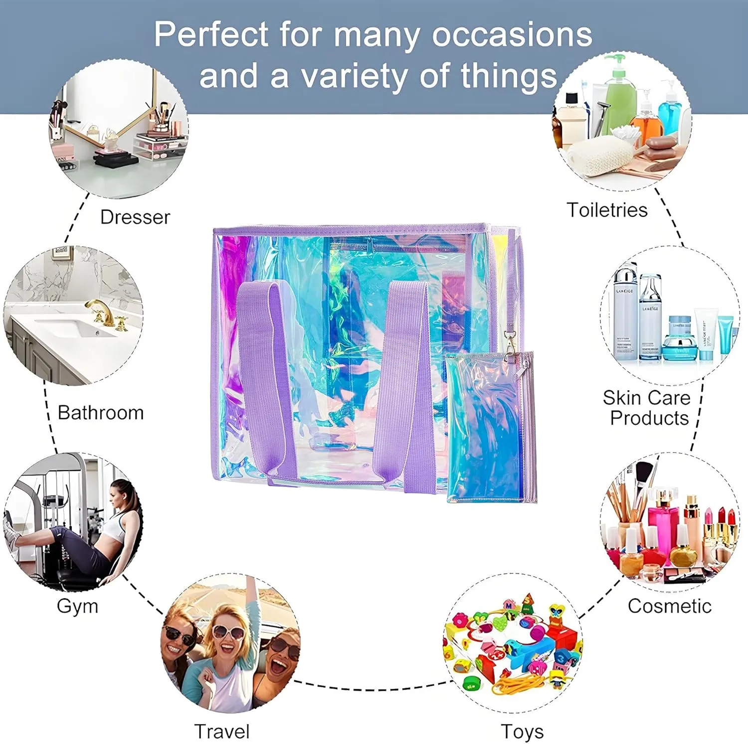 PVC Waterproof Holographic Colorful Tote Handbag with Small Mobile Phone Bag for Beach, Travel and Shopping0.4MM