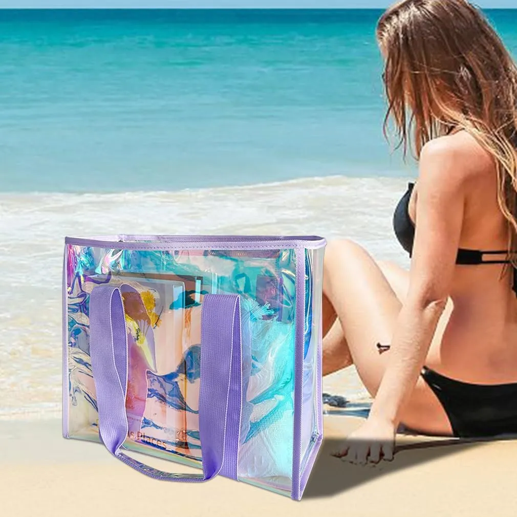 PVC Waterproof Holographic Colorful Tote Handbag with Small Mobile Phone Bag for Beach, Travel and Shopping0.4MM