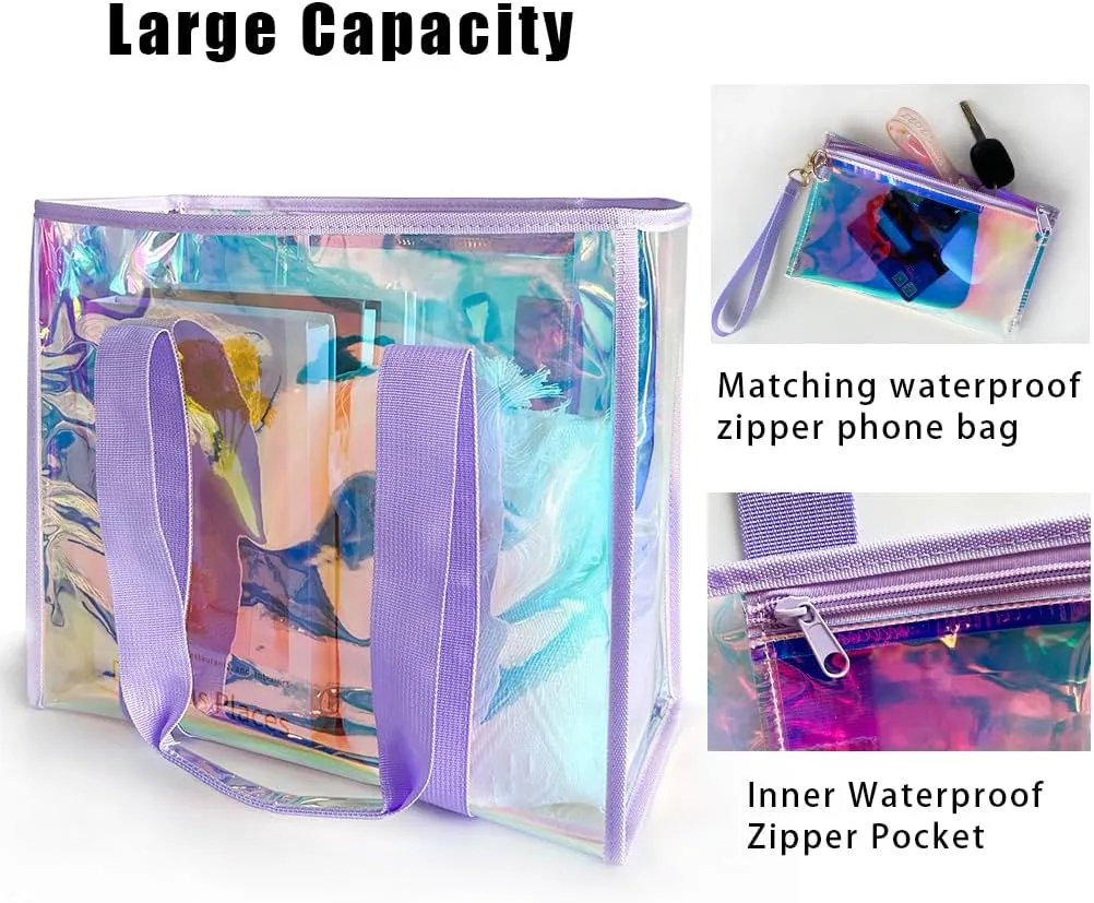 PVC Waterproof Holographic Colorful Tote Handbag with Small Mobile Phone Bag for Beach, Travel and Shopping0.4MM