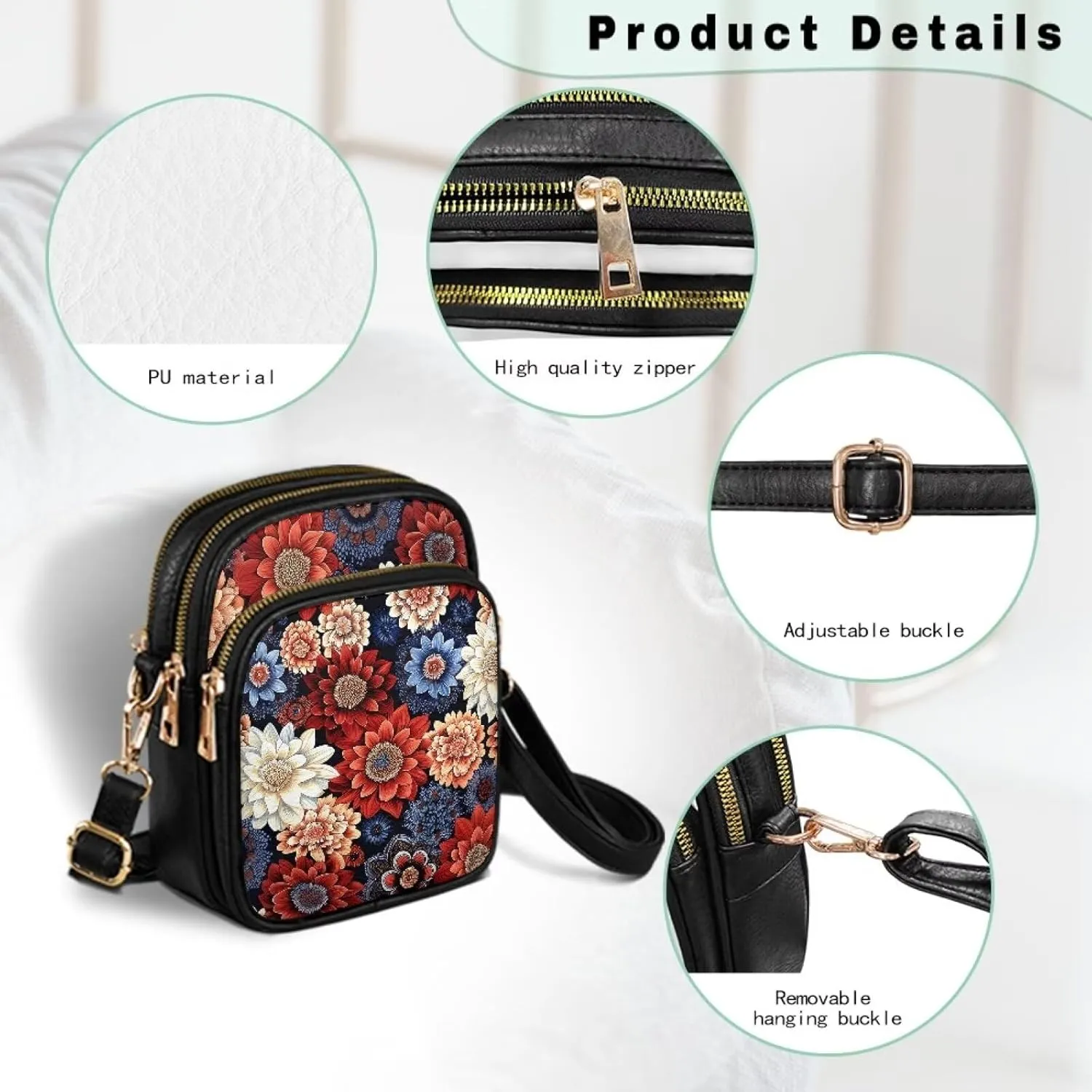Small Leather Crossbody Bag for Women, Leaf Flowers PU Leather Cell Phone Purse Handbag with Adjustable Strap