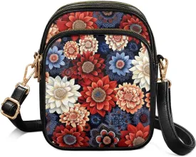 Small Leather Crossbody Bag for Women, Leaf Flowers PU Leather Cell Phone Purse Handbag with Adjustable Strap
