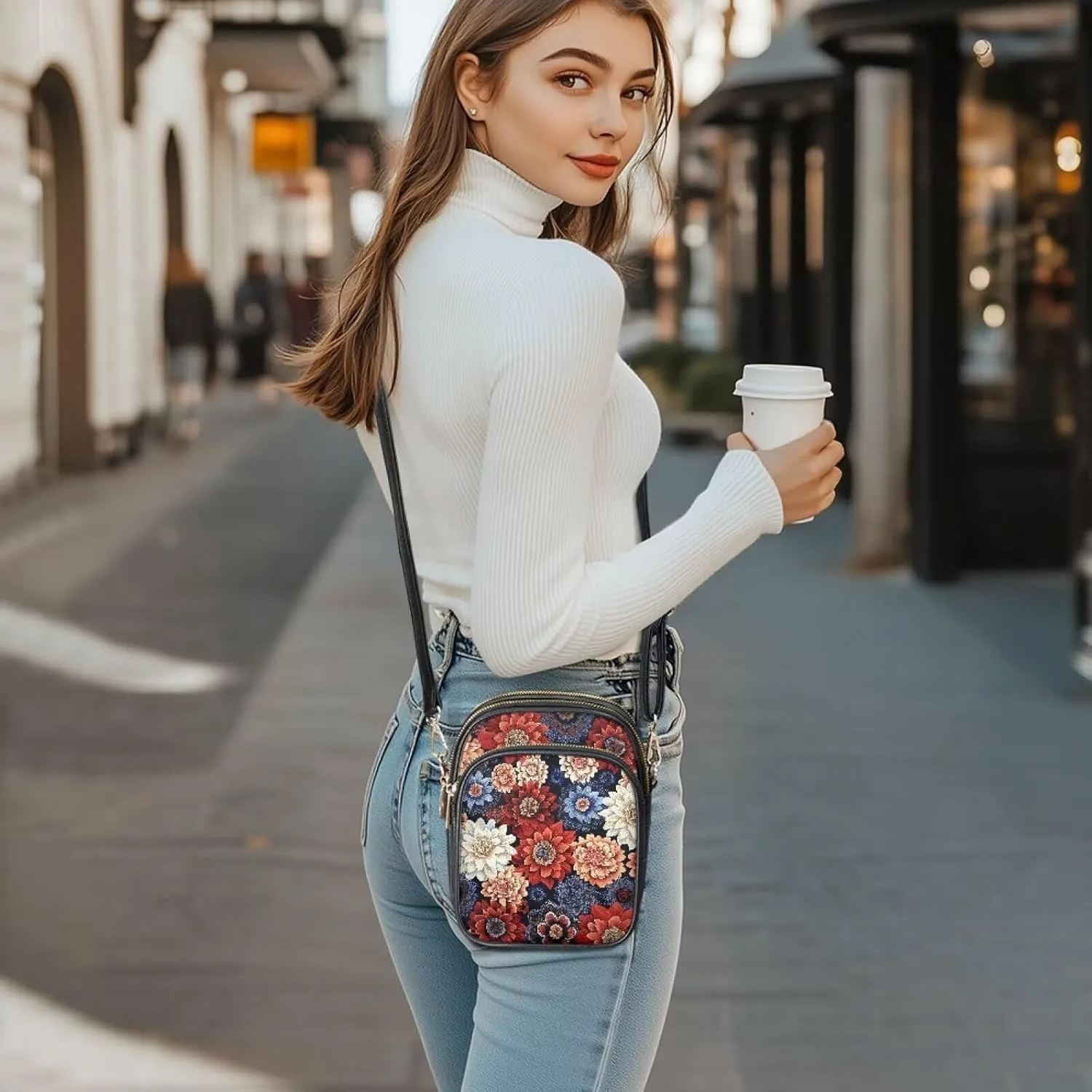Small Leather Crossbody Bag for Women, Leaf Flowers PU Leather Cell Phone Purse Handbag with Adjustable Strap