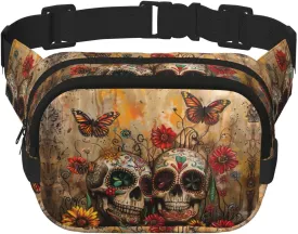 sugar skulls butterfly print Fanny Pack Waist Packs with Extender for Men Women, Waist Bag Hip Pack with Zipper Pockets