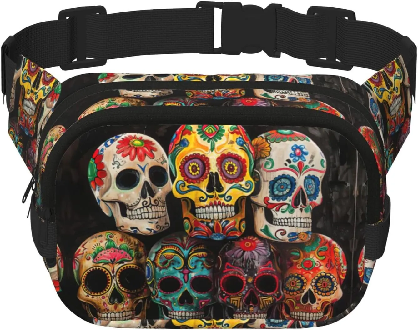 sugar skulls print Fanny Pack Waist Packs with Extender for Men Women, Waist Bag Hip Pack with Zipper Pockets