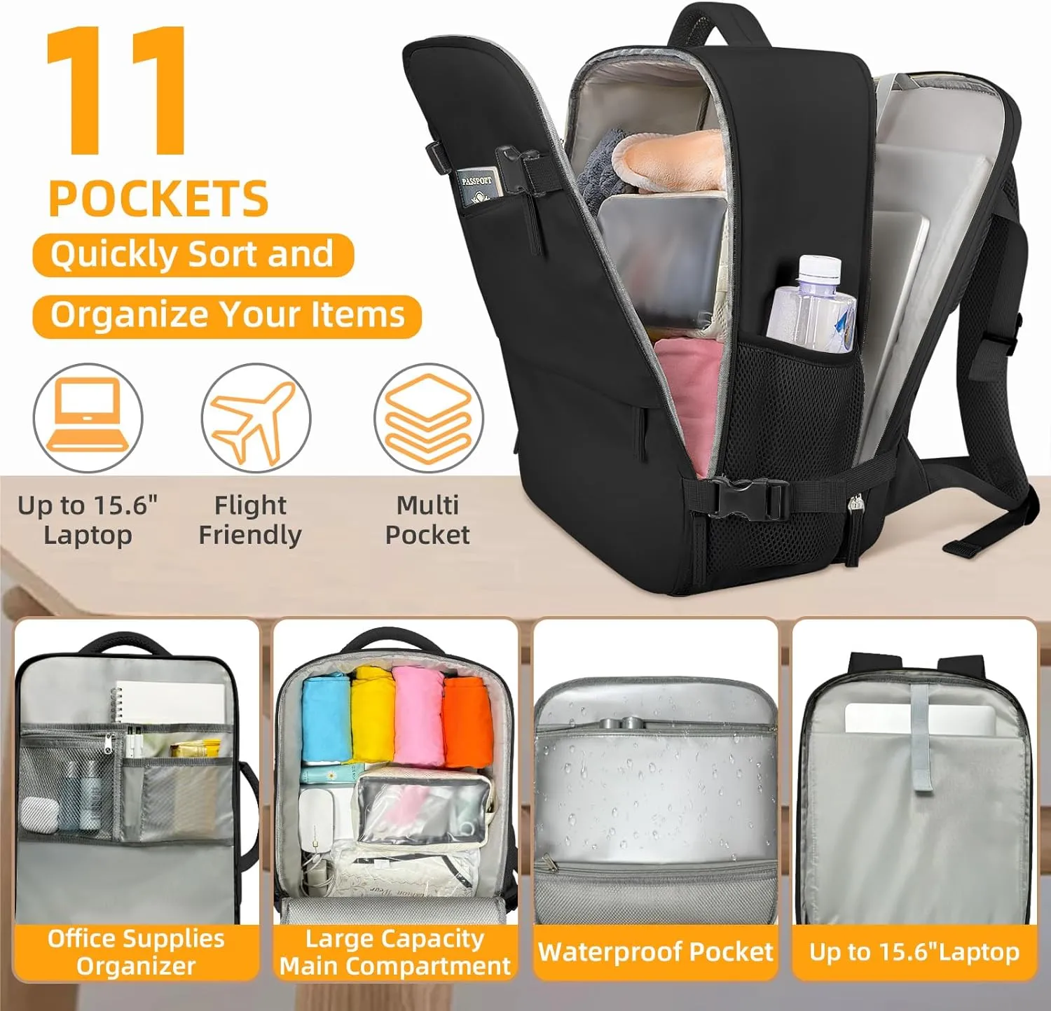 Travel Backpack for Men Women, Carry On Backpack Airlines Approved Personal Item Travel Computer Bag Waterproof Laptop Backpack Business Weekender Overnight Fits15.6Inch Laptop, Black